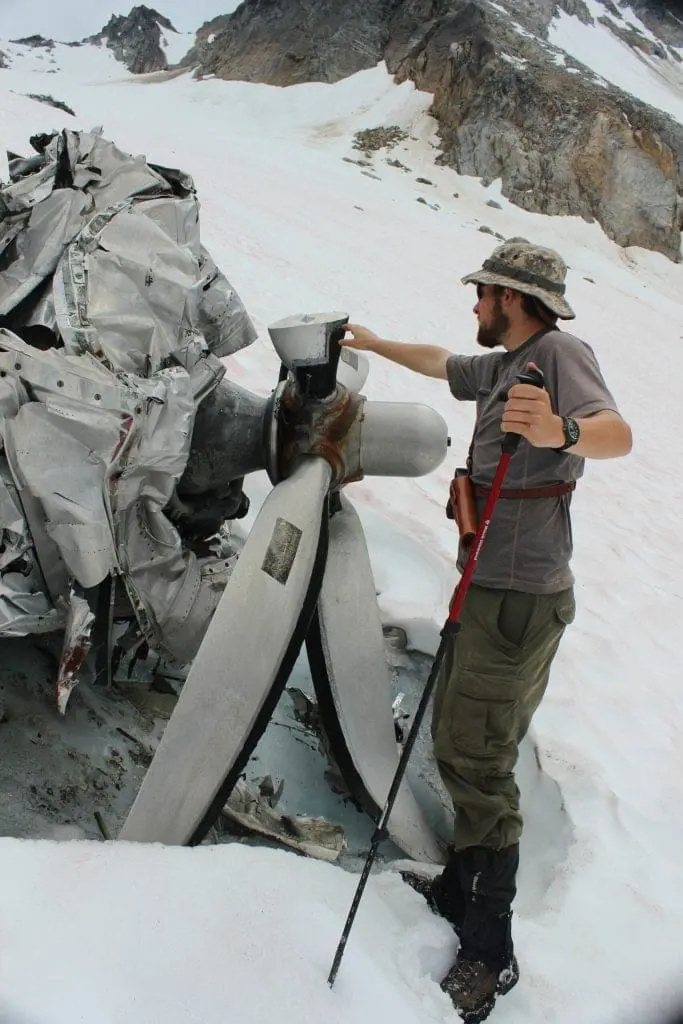 Crashed airplane propellor and engine at Bomber Glacier Alaska