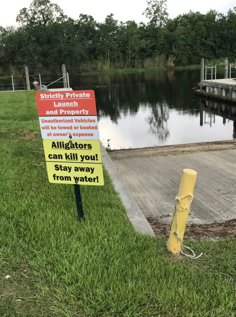 Private Boat launch with Alligator warning sign