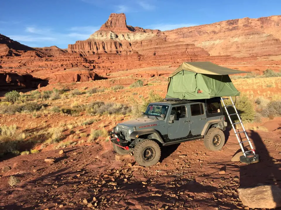 Tepui Rooftop Tent on Jeep Wrangler camping in desert