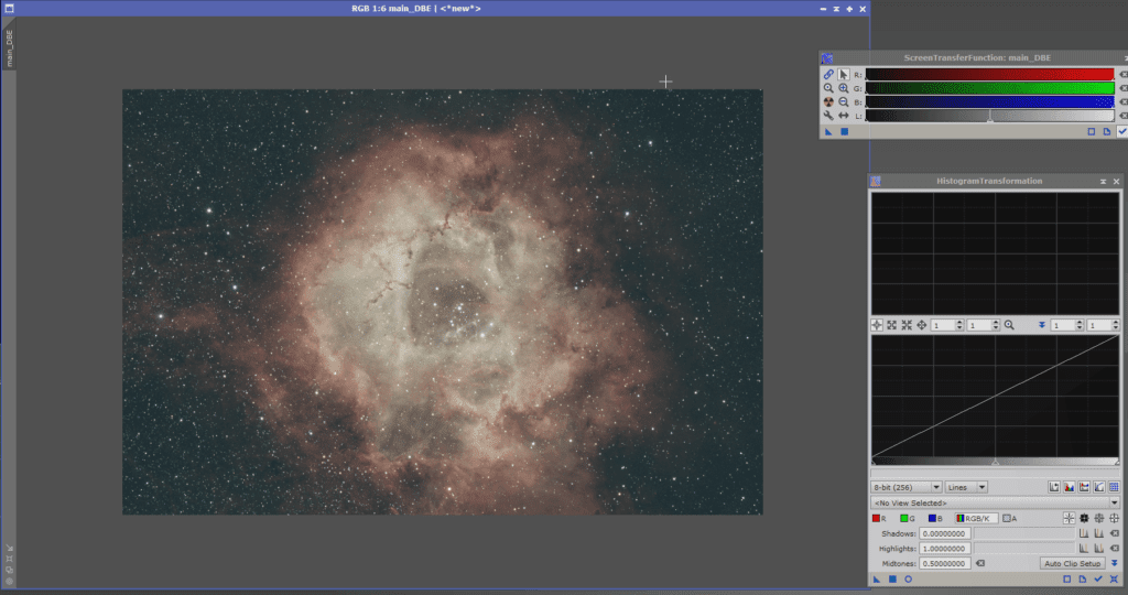 Apply screen transfer function OBE to Rosette Nebula PixInsight