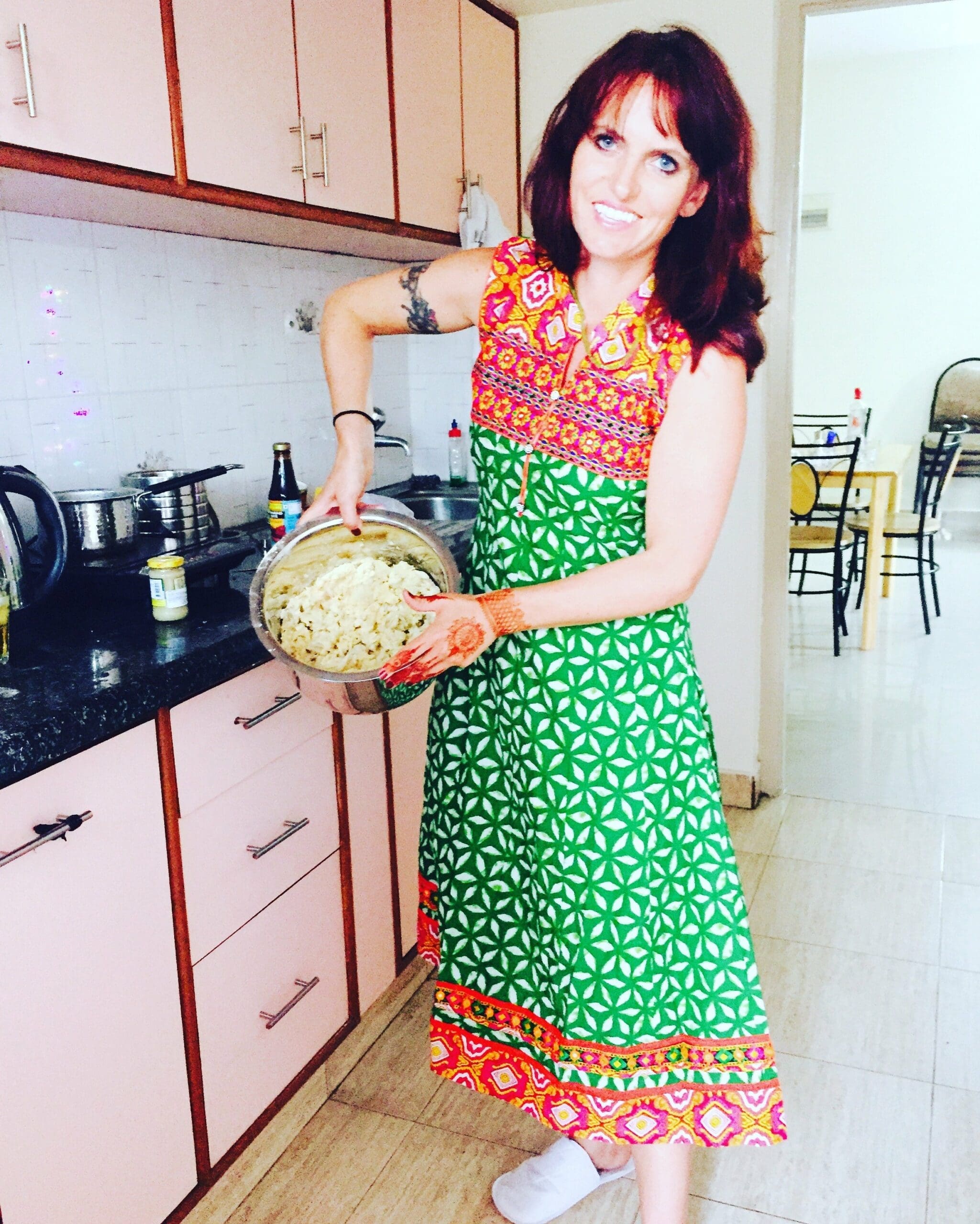 Baking pakoras in our Bangalore kitchen.