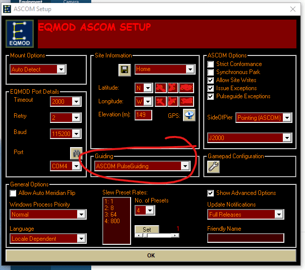 Configure EQMOD Pulse Guiding