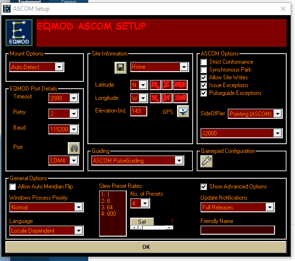 Configure EQMOD for NINA tracking