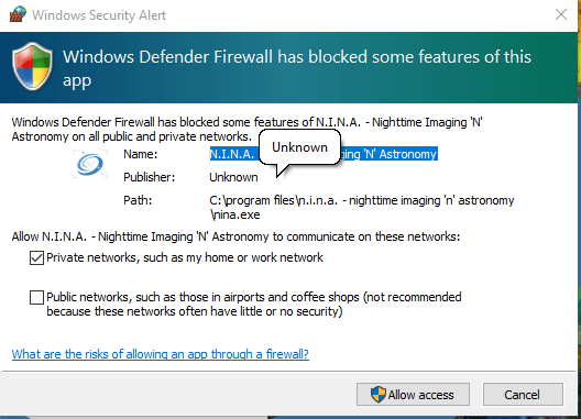 Allow NINA through windows firewall