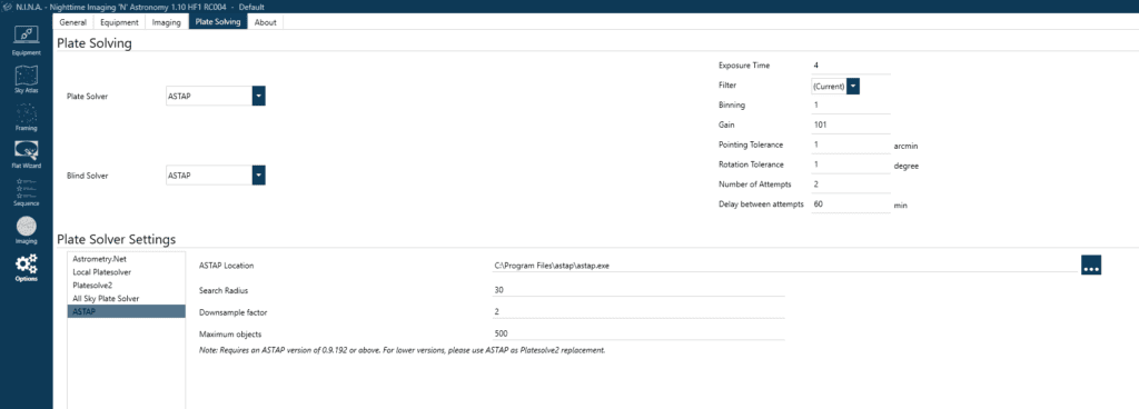 Configure NINA plate solving