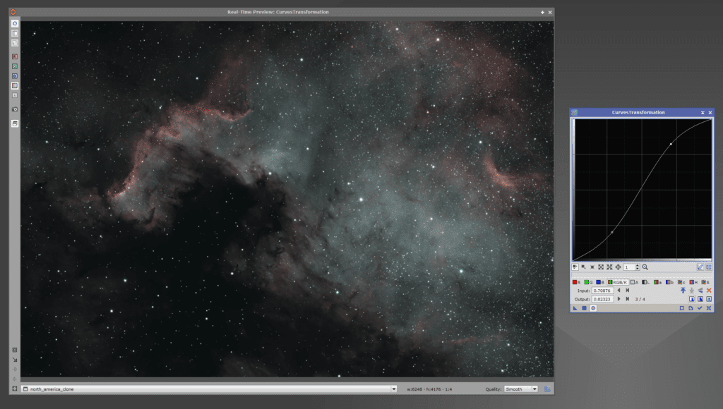 cuves transformation pixinsight north america nebula