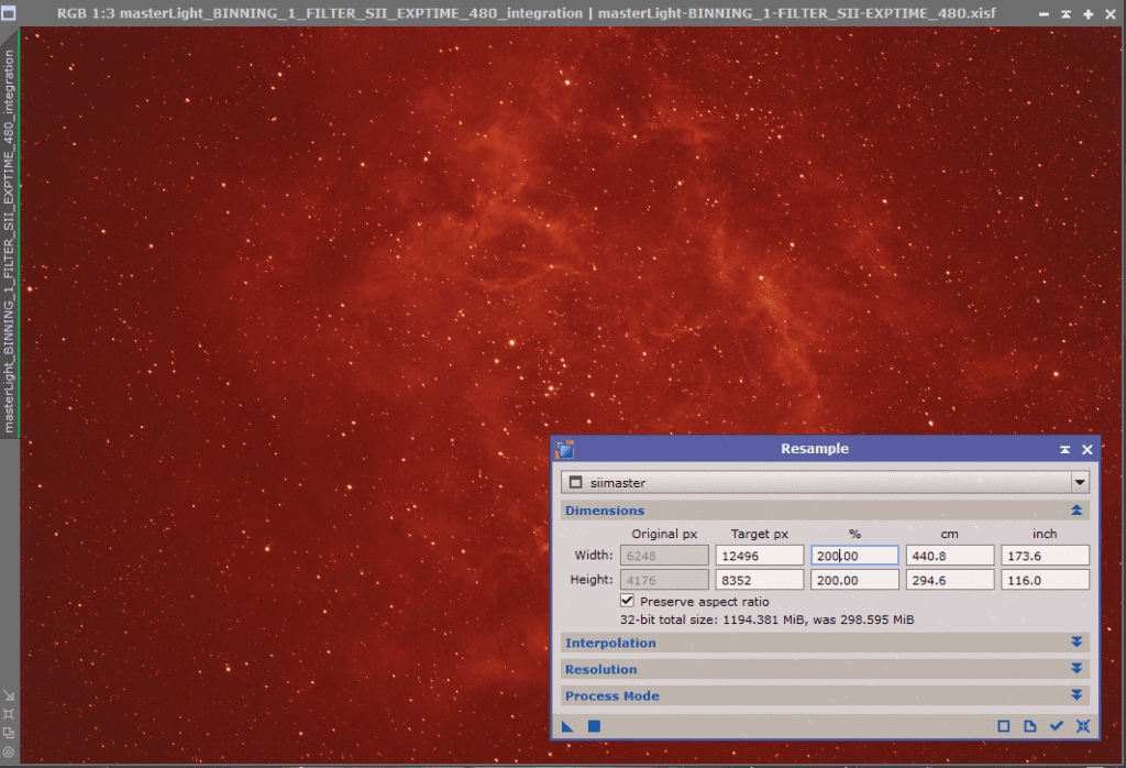 Rosette Nebula before Dynamic Crop and DBE - Resampling