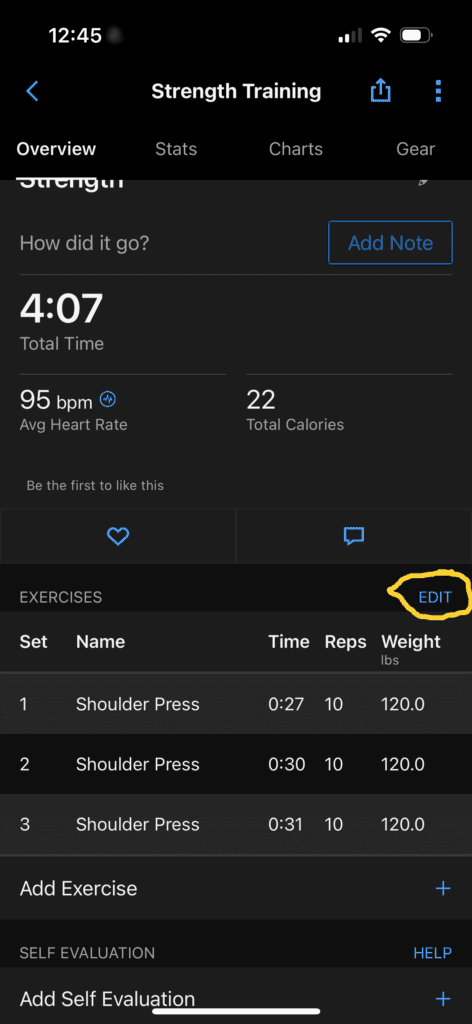 Edit Garmin Connect Strength Activity