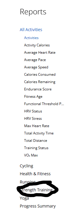 Garmin Strength Training Report